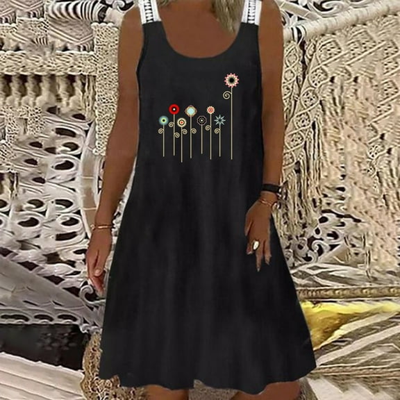 CALAFEBILA Womens Dresses Summer Sleeveless Floral Knee Length Sun Dress Lace Tank Dress Long Teen Dresses
