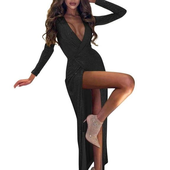CALAFEBILA Womens Fall Dresses,Female Fashion Shiny Sparkly Sequin Formal Ball Gown Deep V Neck Cocktail Ankle Length Dress