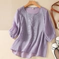 thumbnail image 1 of CALAFEBILA Womens Fashion Tops Cotton Linen Blouses for Women,Women Fashion Solid Color Blouse Summer 3/4 Sleeve Crew Neck Embroidery Lace Women Tops, 1 of 3