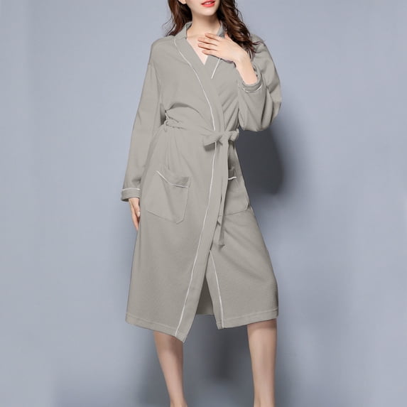 CALAFEBILA Womens Pj Set Cotton Waffle knit Nightgown Bathrobe with Belt Nightgown