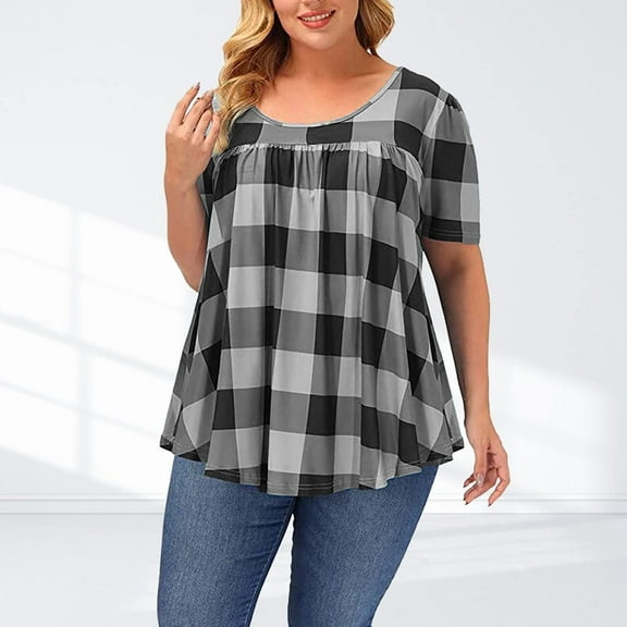 CALAFEBILA Womens Plus Size Blouses Plus Size Shirts for Women Plus Size,Women Fashion Plaid Shirts Summer Short Sleeve Crew Neck Pleated Tops for Women