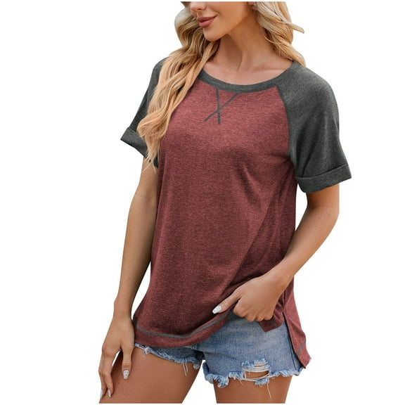 CALAFEBILA Womens Plus Size Tshirts Color Block Womens Blouse,Women Fashion Patchwork Blouse Summer Short Sleeve Crew Neck Women Tops