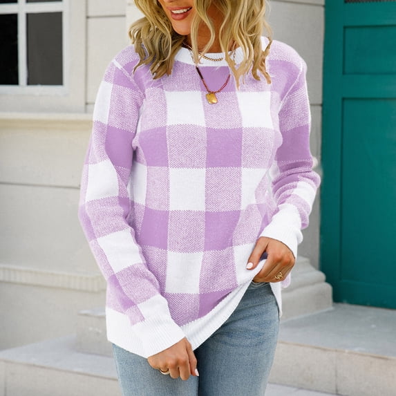 CALAFEBILA Womens Pullover Sweater, Fashion Crew Neck Knitted Plaid Print Warm Sweater
