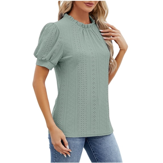 CALAFEBILA Womens Shirts Plus Size Brethable Womens Plus Size Blouses,Ladies Fashion Solid Color Blouse Summer Puff Sleeve Crew Neck Women's Tops