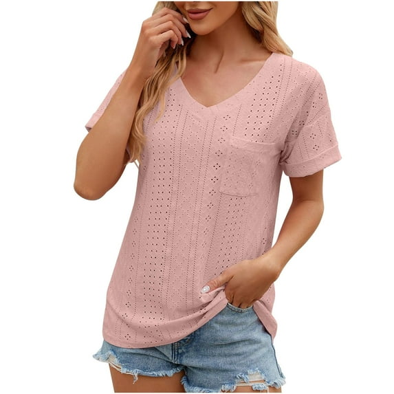 CALAFEBILA Womens Shirts Short Sleeve Short Sleeve Womens Blouse,Women's Fashion Solid Color Blouse Summer V Neck with Pockets Loose Breathable Tops for Women 2024
