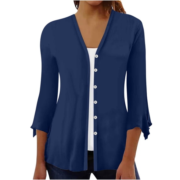 CALAFEBILA Womens Single-Breasted Lightweight Front Open Solid Sweater Outwear Soft 3/4 Puff Sleeve Cardigan for Women 2025