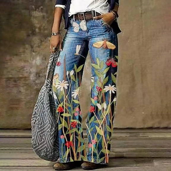 CALAFEBILA Womens Straight Leg Jeans Fashion Full-Length High Waisted Jeans for Women Floral Printed Elastic Denim Trousers Loose Stacked Jeans for Women 2025