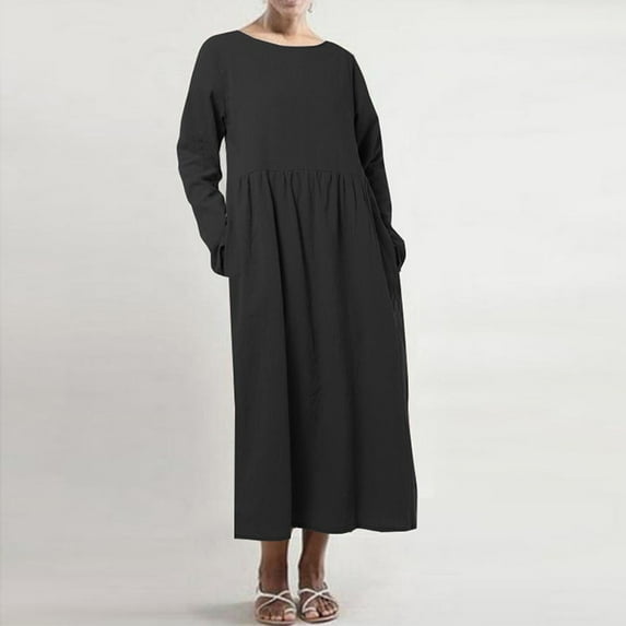 CALAFEBILA Womens Summer Dresses Long Sleeve Solid Color Midi Kaftan Dress Cotton Linen Pleated Pockets Long Dresses for Women 2025