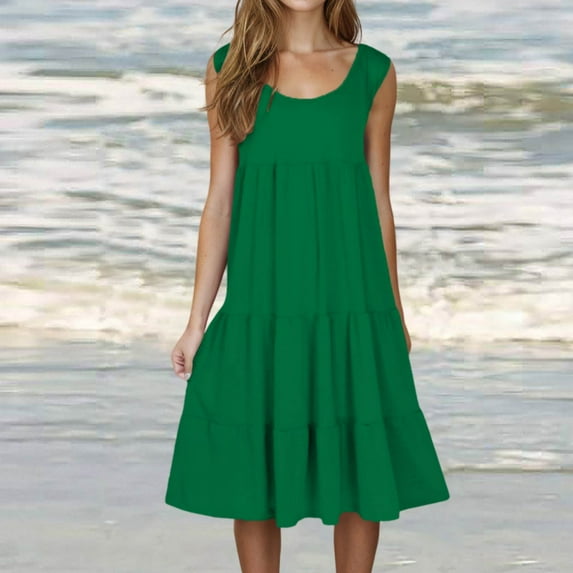 CALAFEBILA Womens Summer Dresses Sleeveless Solid Color Sun Dresses for Women Casual Crew Neck Beach Knee Length Mini Tank Dresses