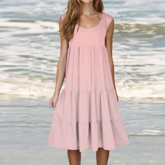 CALAFEBILA Womens Summer Dresses Sleeveless Solid Color Womens Sundresses Casual Crew Neck Tank Mini Beach Knee Length Dresses