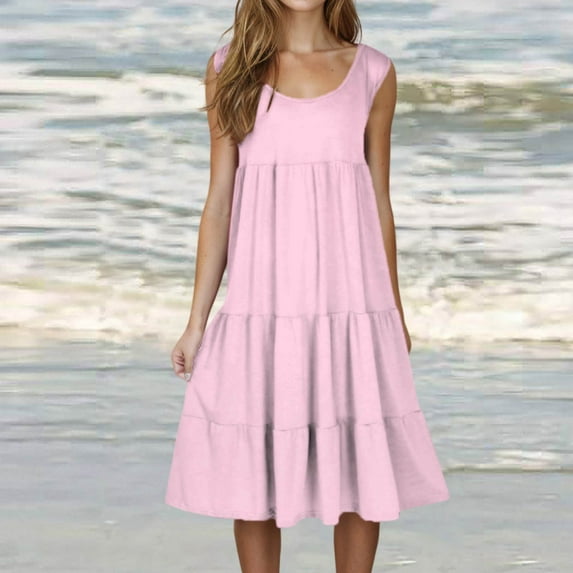 CALAFEBILA Womens Summer Dresses Solid Color Sleeveless Sun Dresses for Women Casual Crew Neck Tank Mini Knee Length Beach Dresses