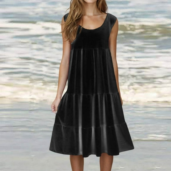 CALAFEBILA Womens Summer Dresses Solid Color Sleeveless Sundresses for Women Casual Crew Neck Beach Tank Knee Length Mini Dresses