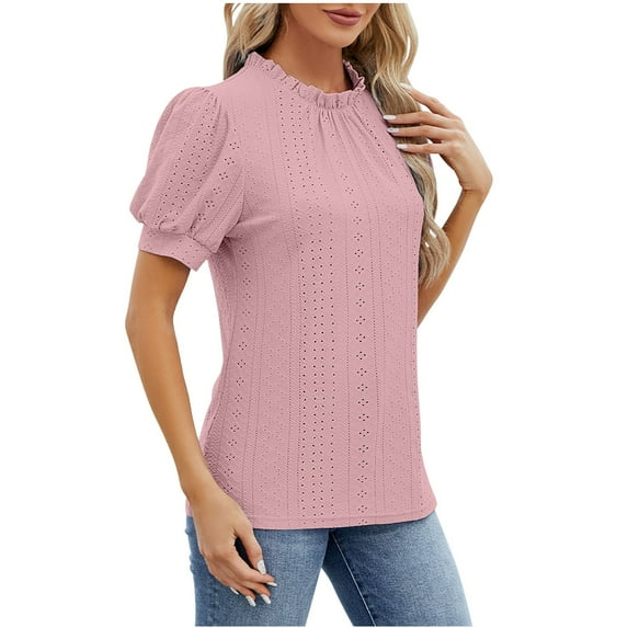 CALAFEBILA Womens Summer Tops Brethable Women's Plus Size Blouses,Women Fashion Solid Color Blouse Summer Puff Sleeve Crew Neck Women Tops