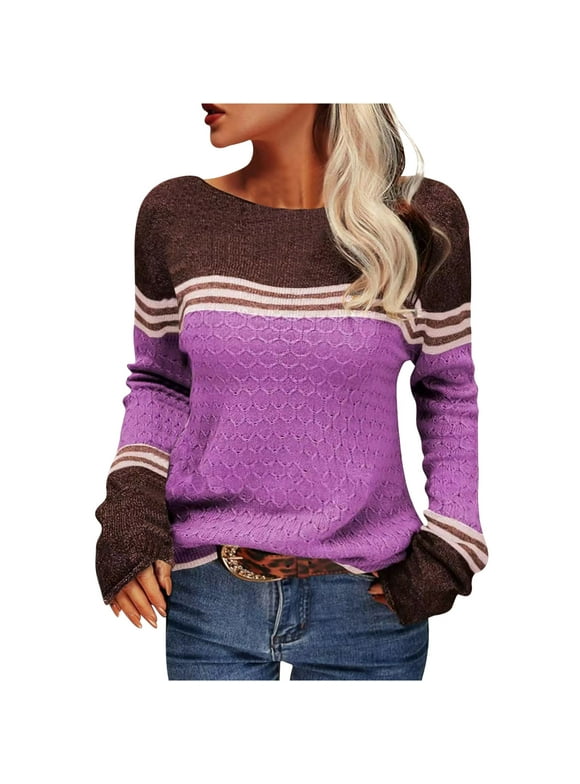 CALAFEBILA Womens Sweaters Fall 2023 Purple Striped Color-matching Pullover Knit Sweater