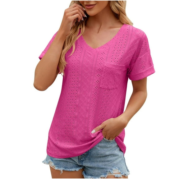 CALAFEBILA Womens T Shirt Short Sleeve Women Blouse,Women Fashion Solid Color Blouse Summer V Neck with Pockets Loose Breathable Tops for Women