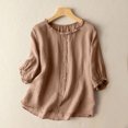 thumbnail image 1 of CALAFEBILA Womens Tee Shirts Cotton Linen Women's Shirts And Blouses,Women Fashion Solid Color Blouse Summer 3/4 Sleeve Crew Neck Button Down Tops for Women, 1 of 5