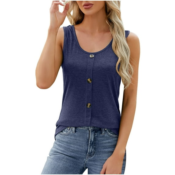 CALAFEBILA Womens Tops 3/4 Sleeve Button Up Tank Tops,Womens Fashion Solid Color Vest Summer Sleeveless Crew Neck Women's Tops