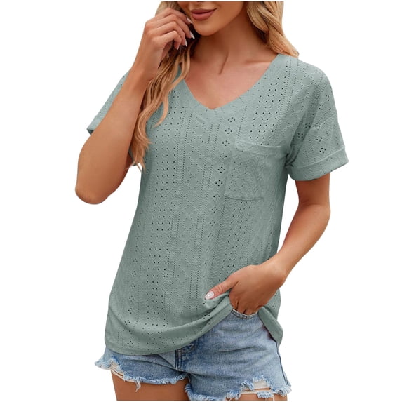 CALAFEBILA Womens Tops Plus Size Short Sleeve Womens Blouses ,Women's Fashion Solid Color Blouse Summer V Neck with Pockets Loose Breathable Tops for Women