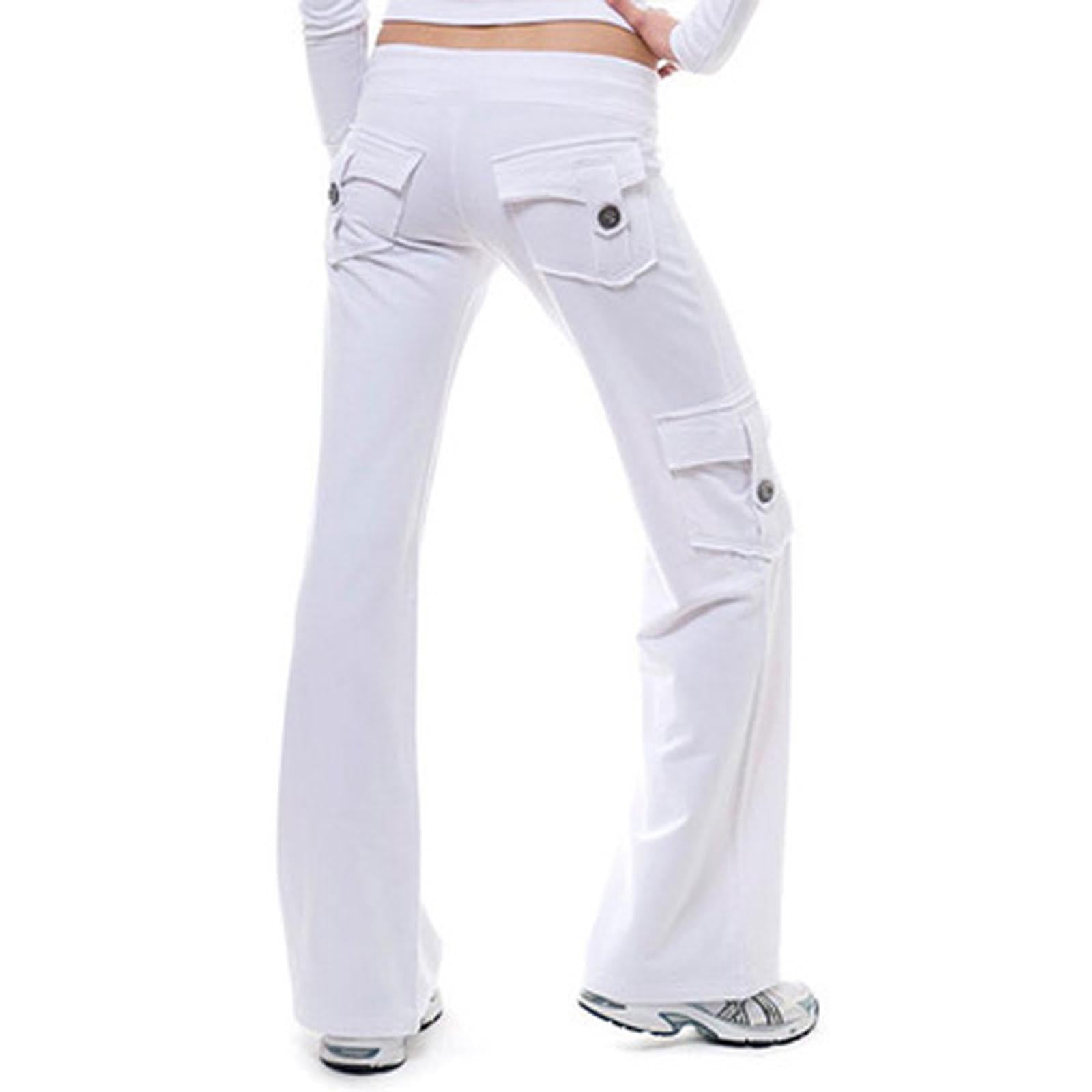 CALAFEBILA Womens White Pants Cargo Elastic High Waist Straight Leg ...