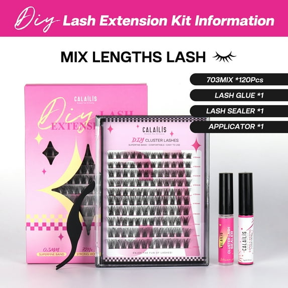 CALAILIS DIY Lash Extension Kit, Eyelash Extension Kit 120Pcs D Curl Individual Lashes with Eyelash Glue Sealer and Lash Applicator Lash Clusters Kit for Beginner