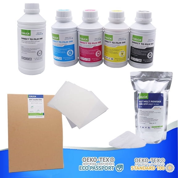 CALCA 100sheets A3 DTF Transfer Film Hot Peel DTF PET Film Transfer Paper & 5 Bottles DTF Inks & 2.2 Lb DTF Hot Welt Powder