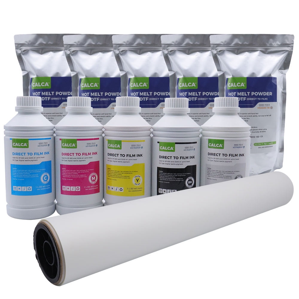 CALCA 23.6" x 328Ft DTF Transfer Film DTF PET Film Transfer Roll Direct to Film & 5 Bottles of 1L DTF Inks ( C M Y K W ) & 11 Lbs DTF Hot Melt Powder