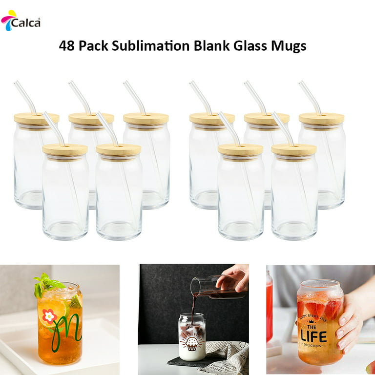 CALCA 48 Pack 16oz Sublimation Frosted Glass Mug Blanks Beer Can Coke Can  Glasses Cups with Bamboo Lid and Glass Straw $2.38