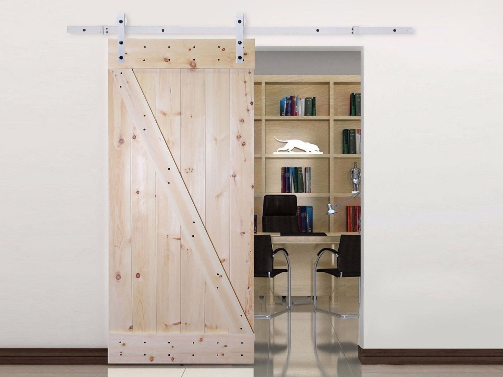 CALHOME 36 in. x 84 in. Z-Bar 1 Panel Unfinished Natural Wood Sliding Barn Door with 6.6 ft. White Sliding Door Hardware Kit