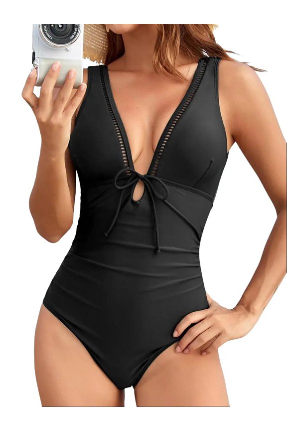 Swimsuit Women One-Piece Mesh Splicing Quick Dry V-Neck Padded Front Tie Clasp Back Removable Cups Breathable Fabric -Large