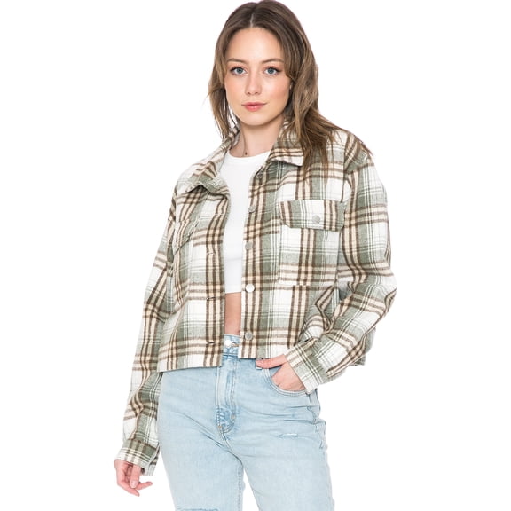 CALI1850 Women Plaid Flannel Cropped Long Sleeve Shacket Button Down Casual Jacket