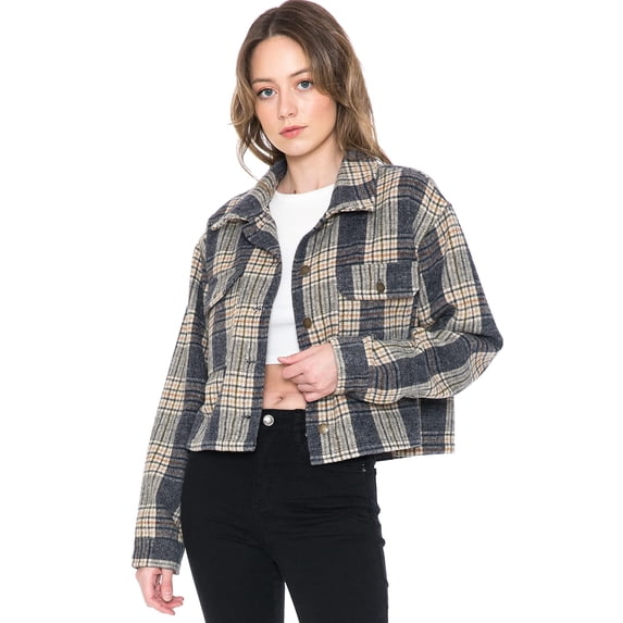 Cali1850 Women's Plaid Flannel Cropped Long Sleeve Shacket Button Down Casual Jacket