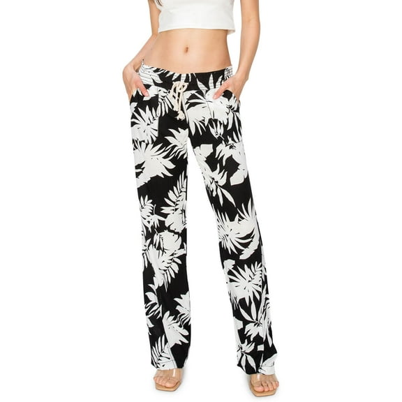 CALI1850 Women's Casual Linen Pants 32" Inseam Oceanside Drawstring Smoked Waist Lounge Beach Pants With Pockets