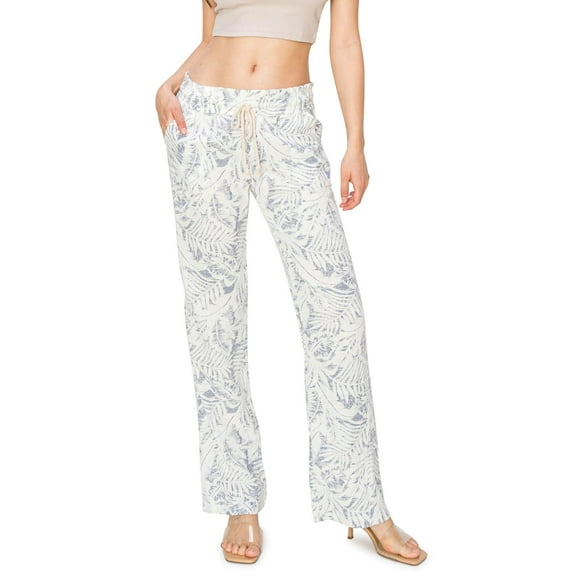 CALI1850 Women's Casual Linen Pants 32" Inseam Oceanside Drawstring Smoked Waist Lounge Beach Pants With Pockets