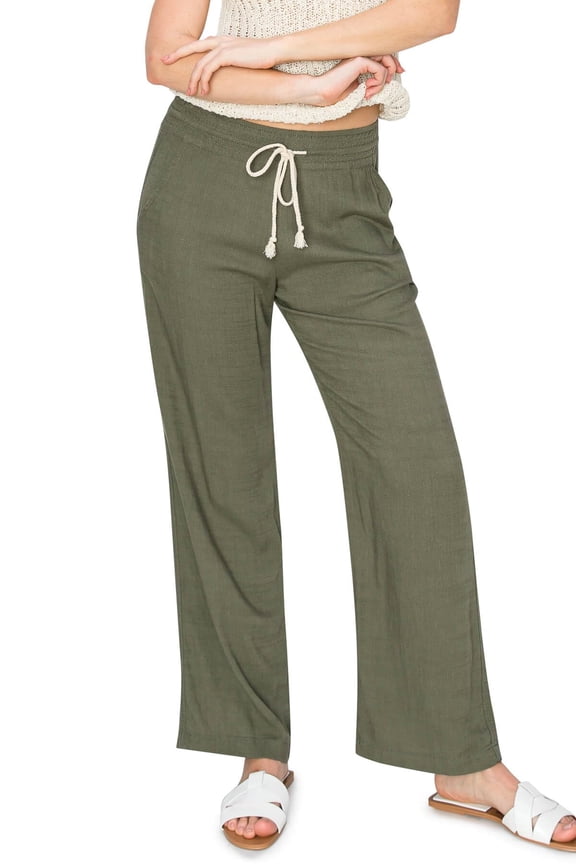 Women's Casual Relaxed Fit 29" Inseam Drawstring High Rise Smocked Linen Pants For Lounge And Beach Wear