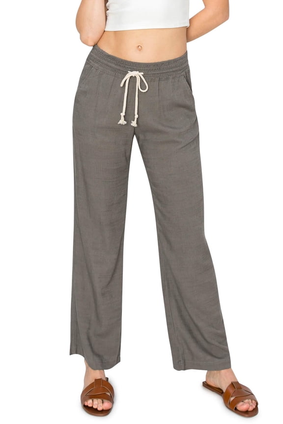 Women's Casual Relaxed Fit 29" Inseam Drawstring High Rise Smocked Linen Pants For Lounge And Beach Wear