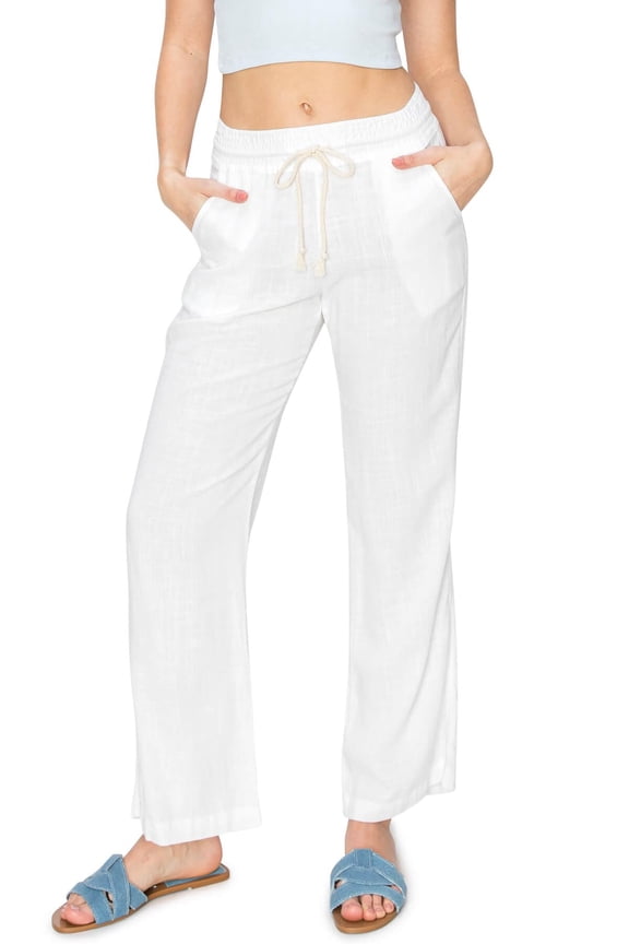 Women's Casual Relaxed Fit 29" Inseam Drawstring High Rise Smocked Linen Pants For Lounge And Beach Wear