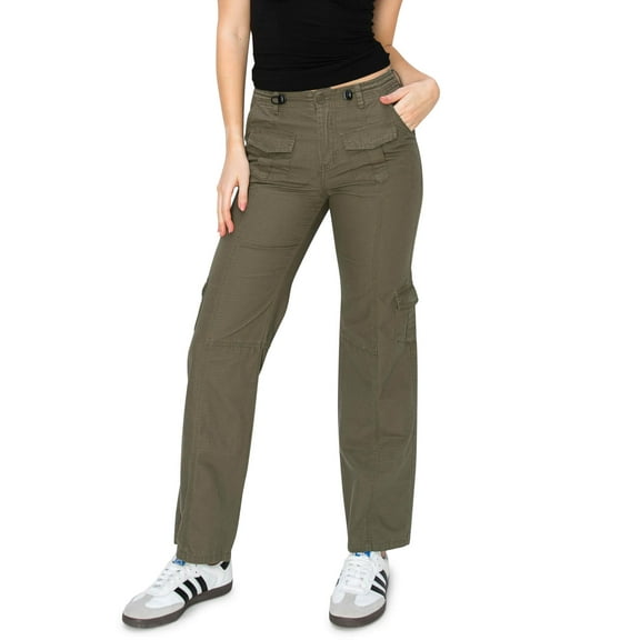 CALI1850 Women's Comfortable Mid Rise Adjustable Waist Straight Leg Cargo Pants With Bungee Stopper