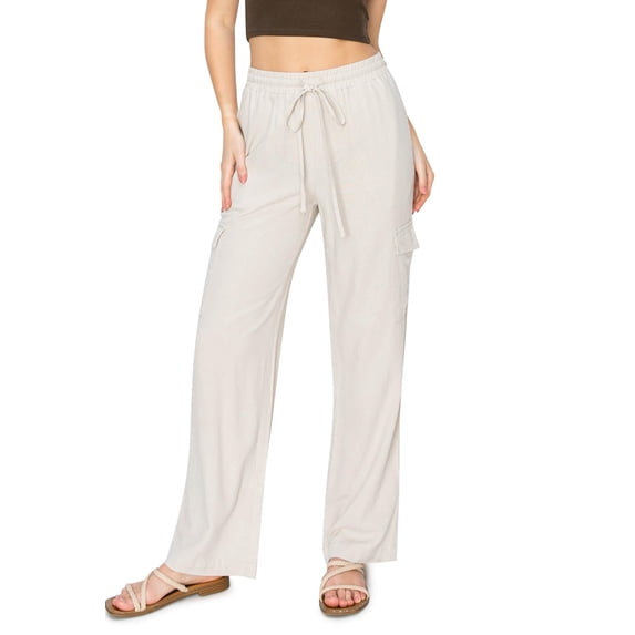 CALI1850 Women's Easy Pull On Extra Slouchy Self Tie Drawstring Relaxed Fit Straight Linen Cargo Pants