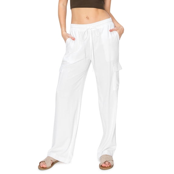 CALI1850 Women's Easy Pull On Extra Slouchy Self Tie Drawstring Relaxed Fit Straight Linen Cargo Pants