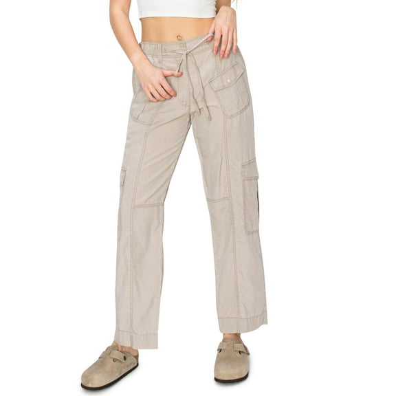 CALI1850 Women's Relaxed Fit Comfortable Mid Rise Washed Linen Straight Leg Cargo Pants With Elastic Band