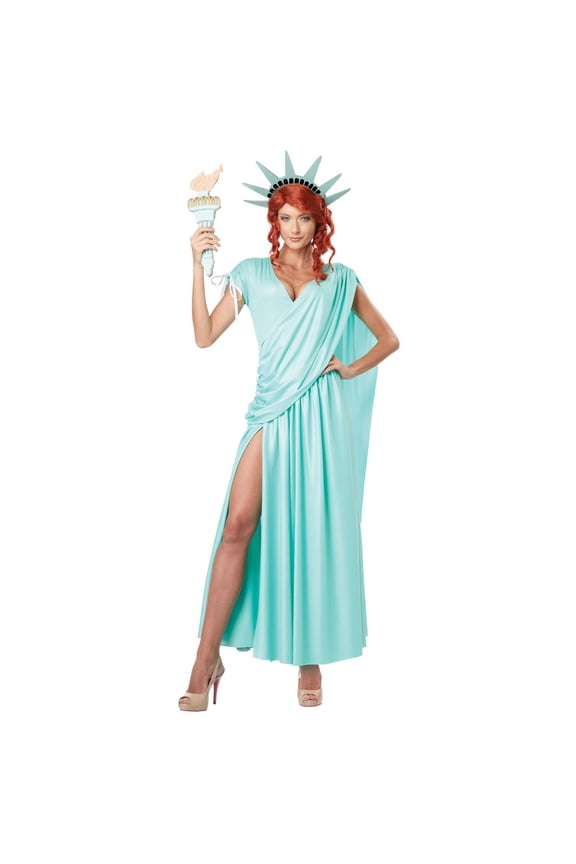 Lady Liberty Fancy-Dress Costume for Adults with Dress, Head Piece, and Torch, Adult Size M