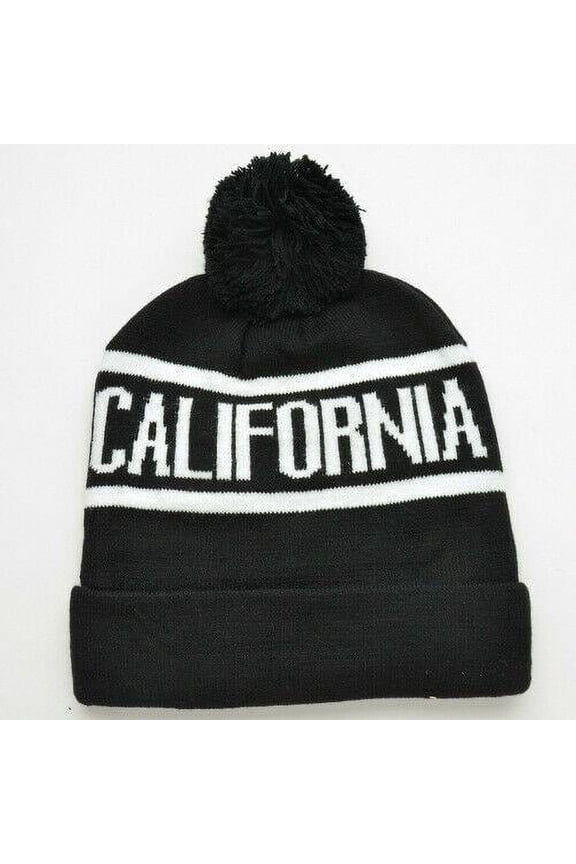 CALIFORNIA BLACK WHITE Pom Beanie Hat Black Winter Cuffed Pom Warm Knit Cap - New with box/tags
