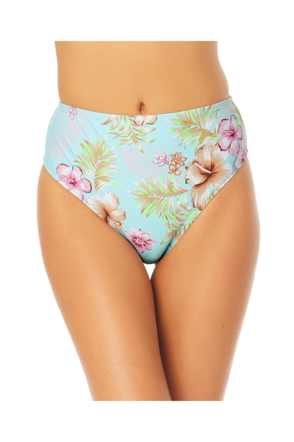 Women's Aqua Tropical Print Stretch Mid-Rise Lined Bikini Moderate Coverage High Leg Swimsuit Bottom M