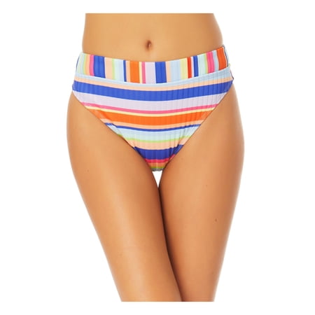 CALIFORNIA SUNSHINE Women's Multi Color Colorblocked Stripe Stretch Banded-Waist Lined Bikini Moderate Coverage Ribbed High Waisted Swimsuit Bottom S