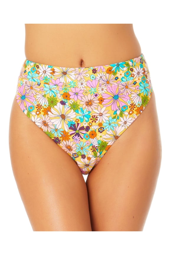 Women's Multi Color Floral Stretch Banded High-Leg Lined Bikini Moderate Coverage High Waisted Swimsuit Bottom M