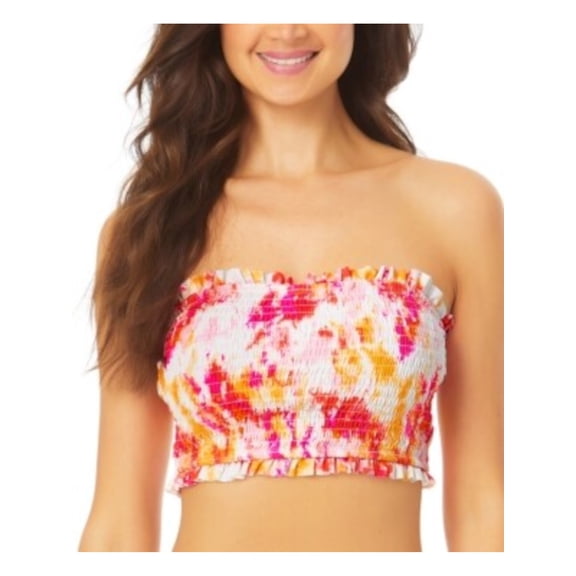 CALIFORNIA SUNSHINE Women's Pink Tie Dye Stretch Ruffled Bikini Removable Cups Convertible Smocked Bandeau Swimsuit Top S