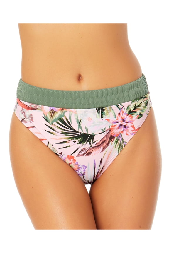 Women's Pink Tropical Print Textured Lined Moderate Coverage Textured Bikini Swimsuit Bottom XL