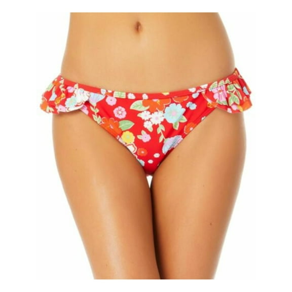 CALIFORNIA SUNSHINE Women's Red Floral Stretch Lined Bikini Moderate Coverage Ruffled Hipster Swimsuit Bottom M