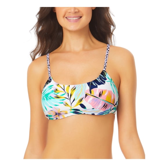 CALIFORNIA SUNSHINE Women's White Tropical Print Stretch Bralette Removable Cups Lined Adjustable Scoop Neck Swimsuit Top L
