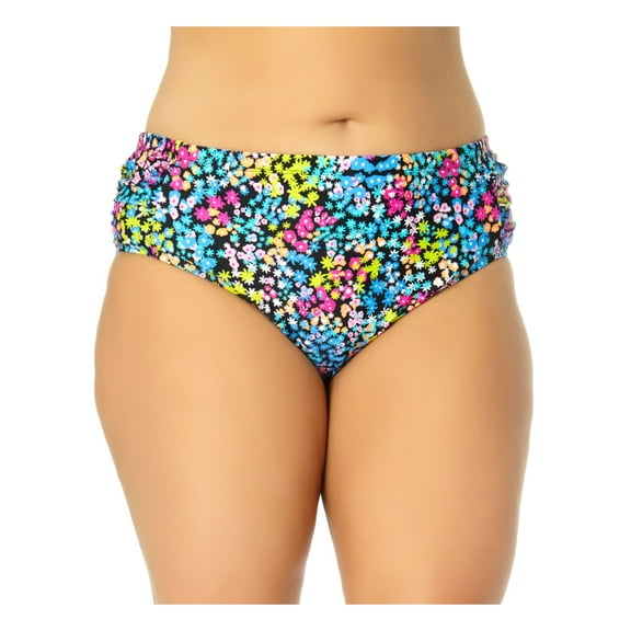 CALIFORNIA WAVES PLUS Women's Black Floral Stretch Lined Mid-Rise Bikini Full Coverage Shirred Gather Swimsuit Bottom 1X